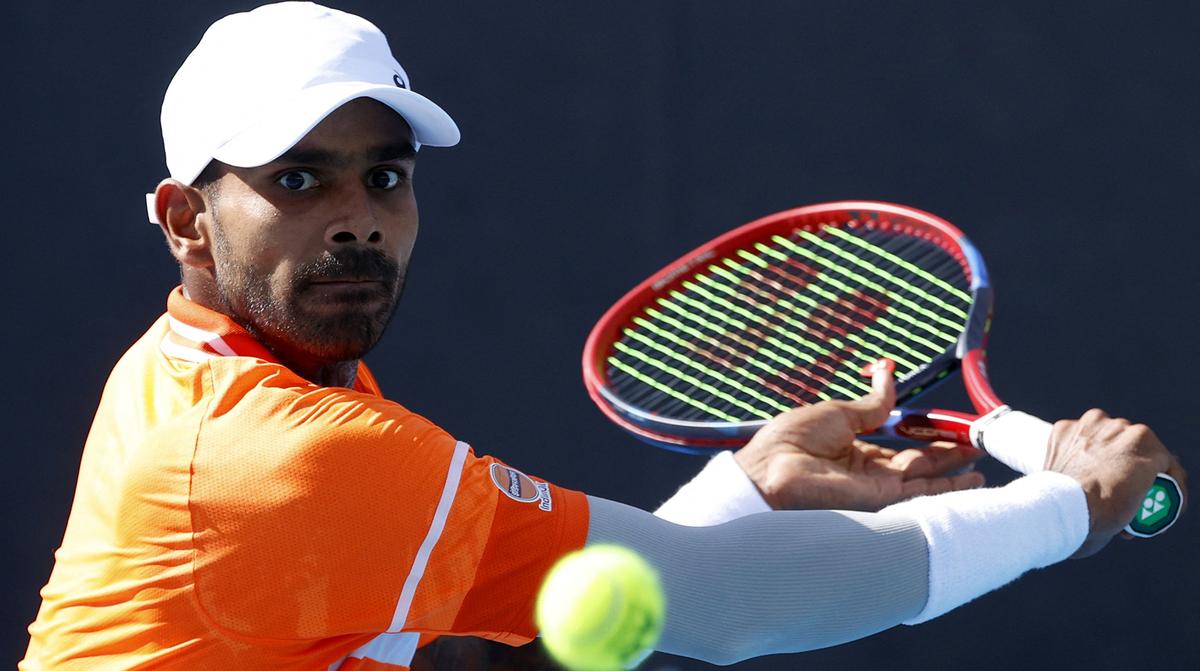 Sumit Nagal in action during his match against Kazakhstan’s Alexander Bublik.